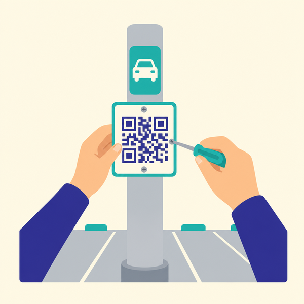 駐車場のポールにQRコードの看板を取り付けている様子