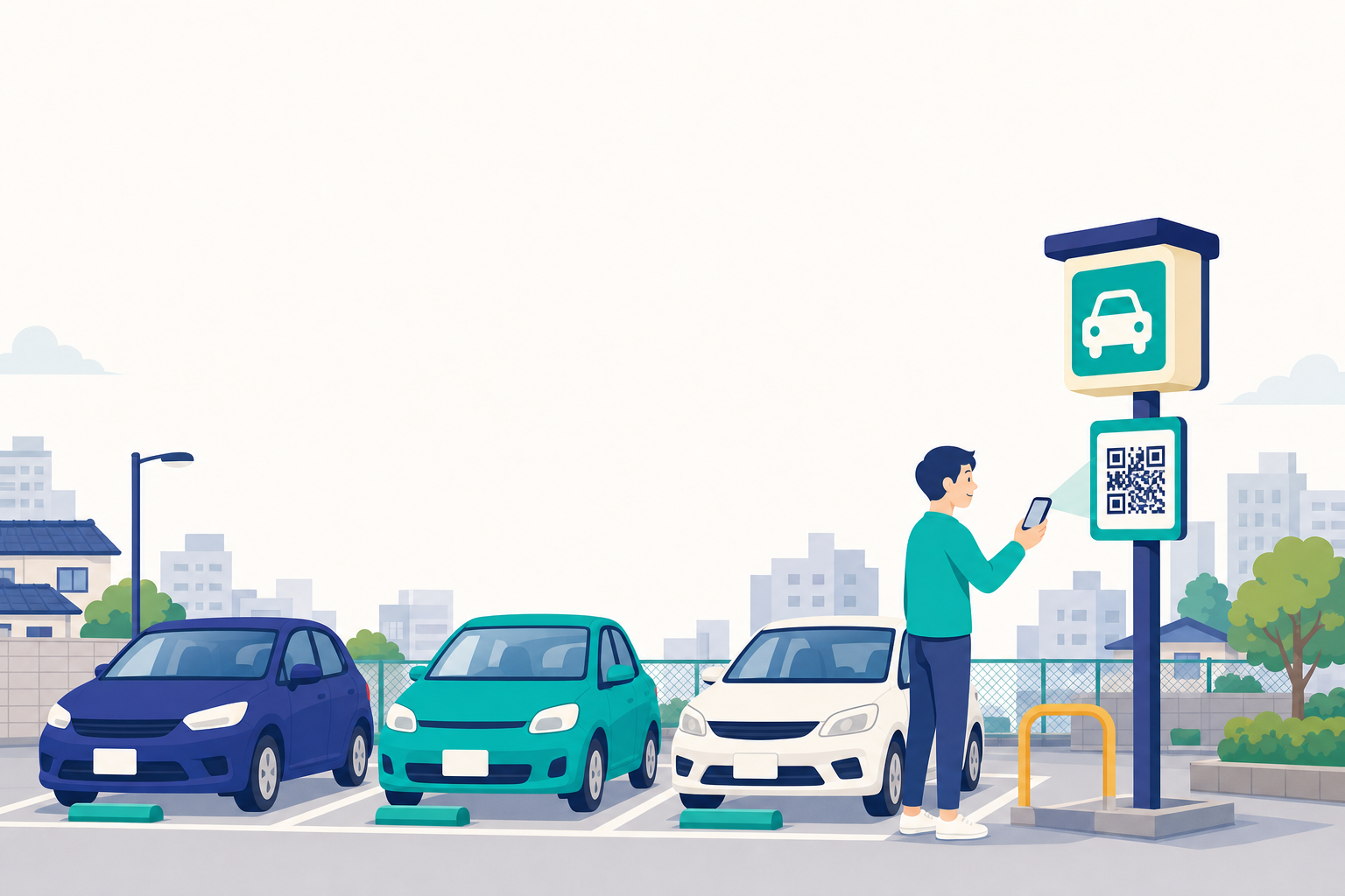 駐車場に貼られたQRコードをスマートフォンで読み取る様子